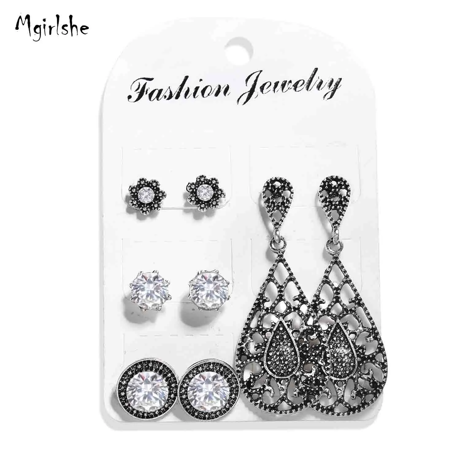 

Mgirlshe Europe and America Vintage Antique Silver Crystal Earrings Sets Women Fashion Teardrop Charm Earring Hollow Out Elegant