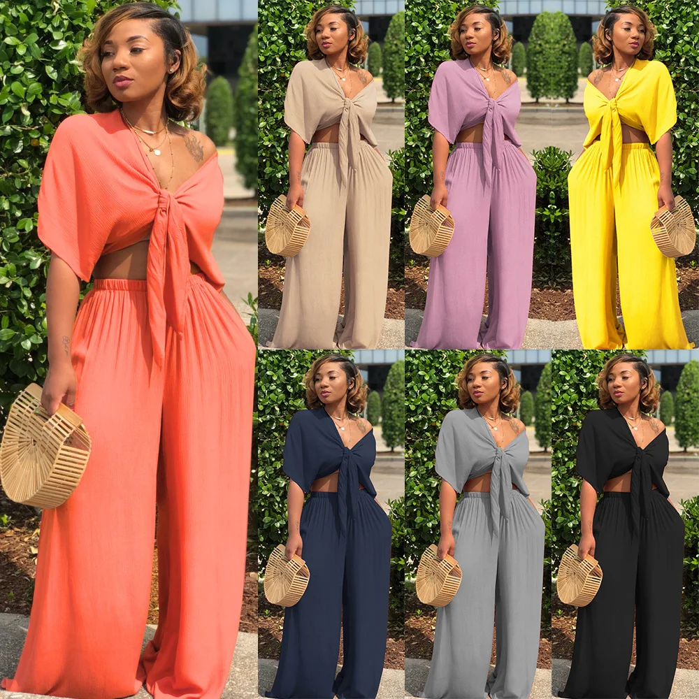 

Wholesale ladies sexy tie crop tops fashionable wide leg pant 2021 casual summer 2 piece set women