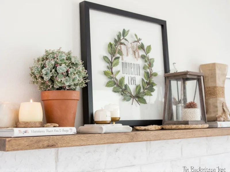 Reclaimed wood DIY mantle shelf with seasonal decor