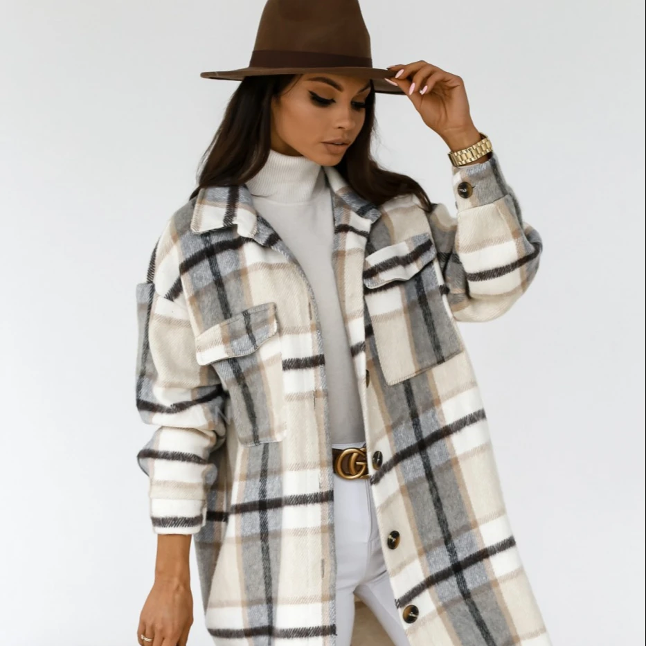 

Wholesale 2021 Autumn and Winter Buttons Lapel Casual Long Jacket Plaid Warm Women's Long Woolen Coat, Color