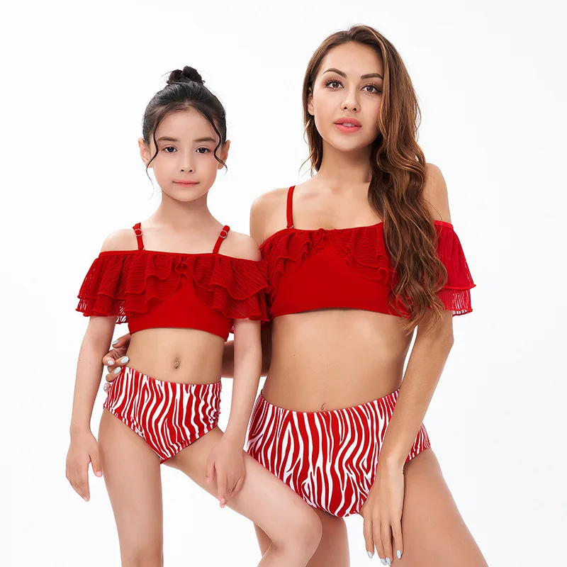 

Matching Mother Daughter 2 Piece Bikini Set High Cut Brazilian Red 2022 New Swimsuit Vendor, As picture or custom