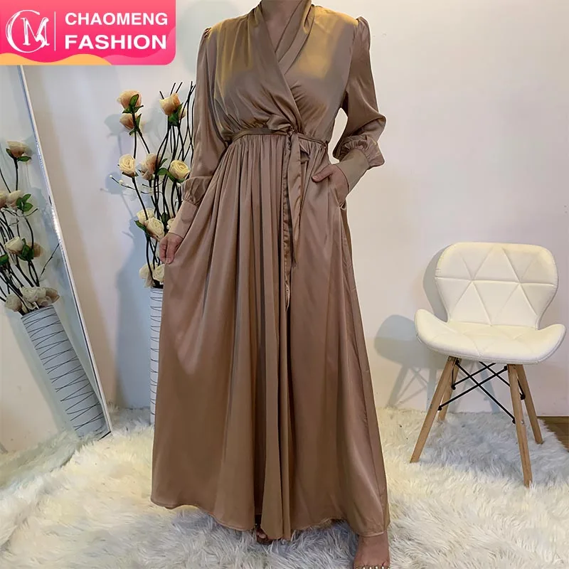 

6280#Dubai Fashion Muslim Womens Abaya Dress Wholesale Satin Waisted Maxi Dress, Beige/pink/purple/black/navy