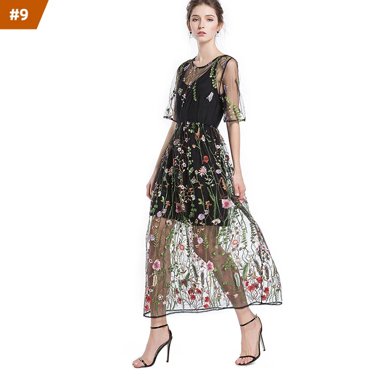 

2022 New Arrival Fashion Women'S Floral Embroidery Mesh Round Neck Tunic Party Dresses For Women Lady Elegant Casual Dresses, Mix color is available