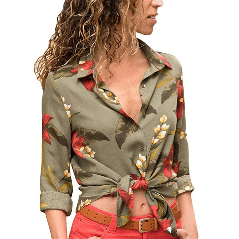 

Casual printed V-neck long-sleeved chiffon shirt