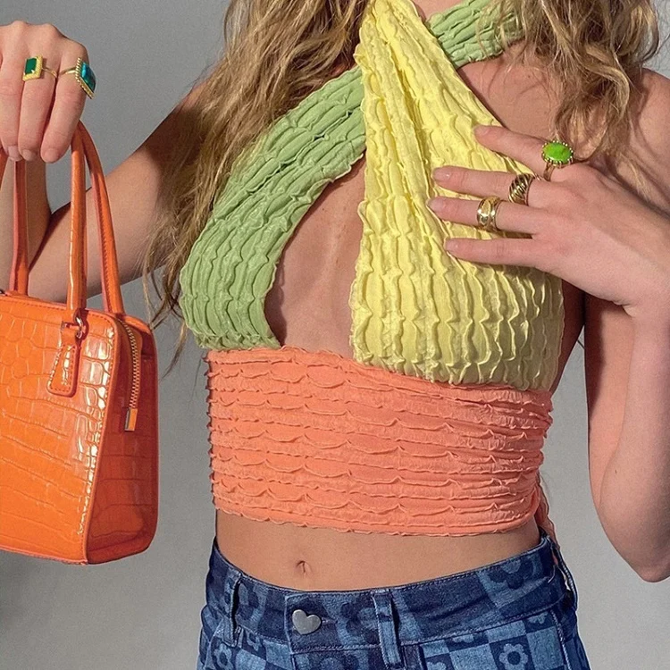 

Sexy Halter Vest Contrast Color Waistless Small V-neck Sling Slim-fit Crop Top Women, Picture color