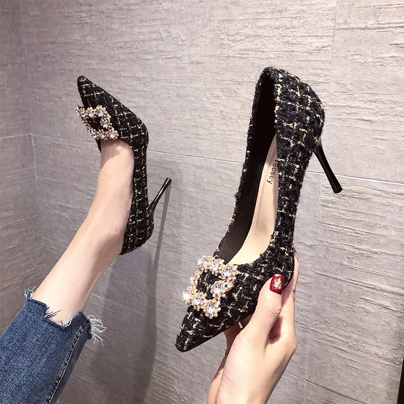 

Women Crystal Pointed Toe Thin Heel Checkered Heels Casual Light Weight Sexy Banquet Shoes