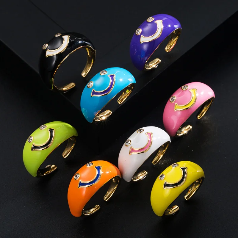 

Amazon Best Selling 18K Gold Plated Colorful Oil Drip Smile Rings Multi Color Enamel Happy Face Rings