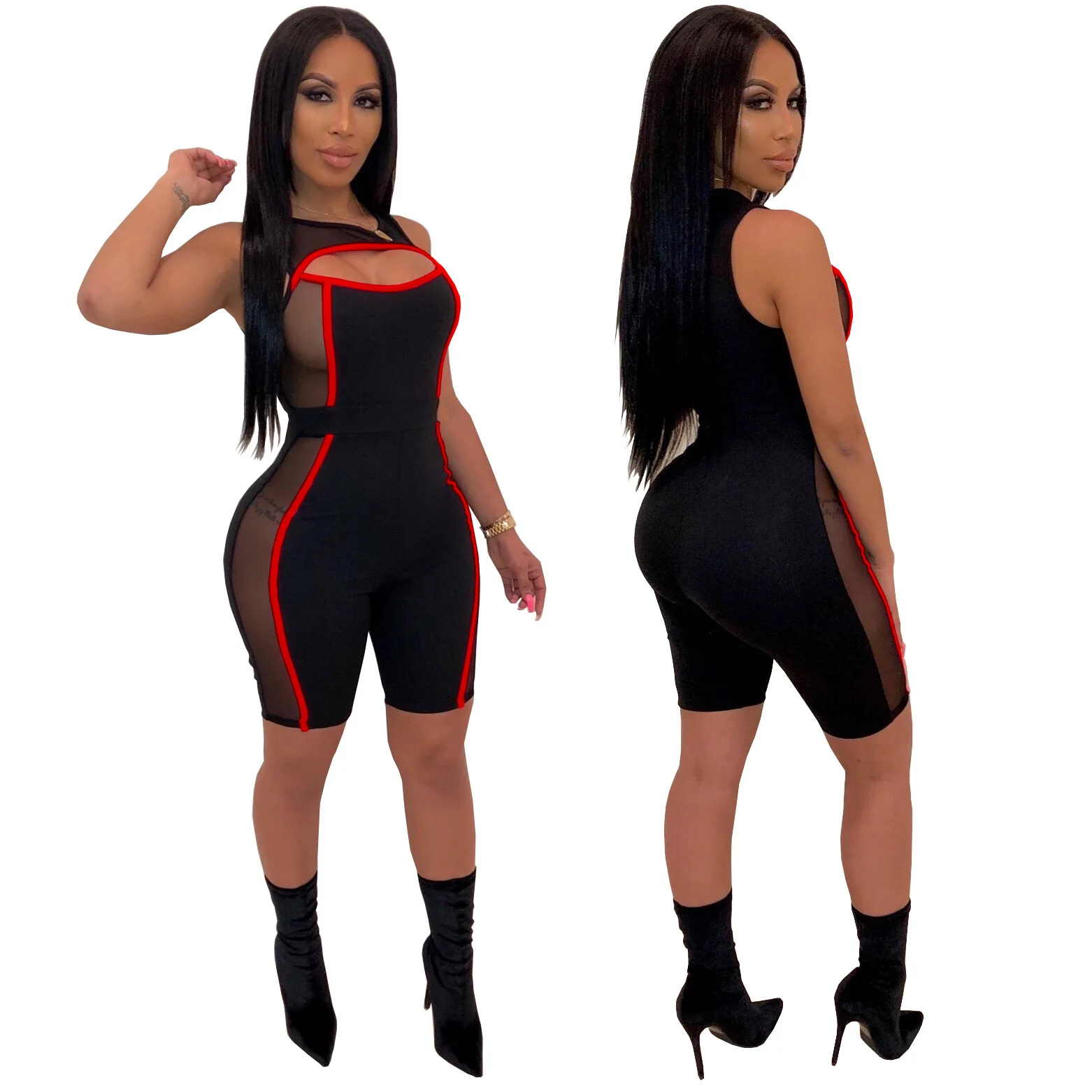

SMR9219 Hot sexy fashion hollow design repair perspective women's jumpsuit