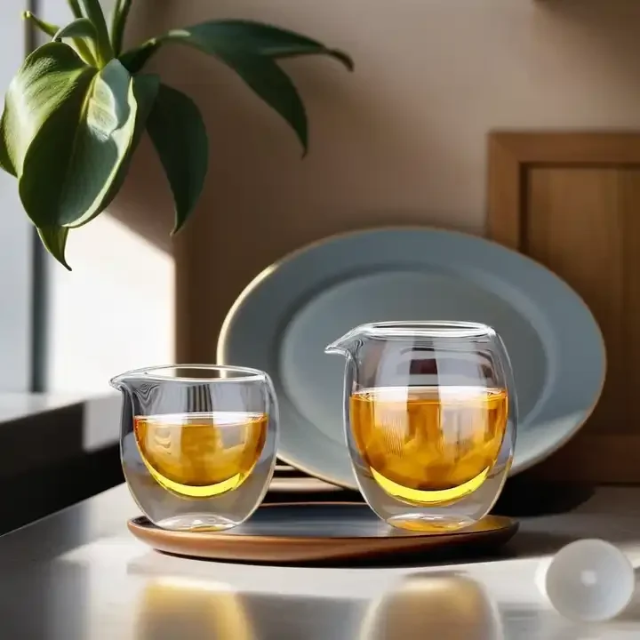 150ml 200ml Heat Resistant  Borosilicate Double-wall Clear Glass Coffee Cup with Spout Tea Set Glass Fairway Cup