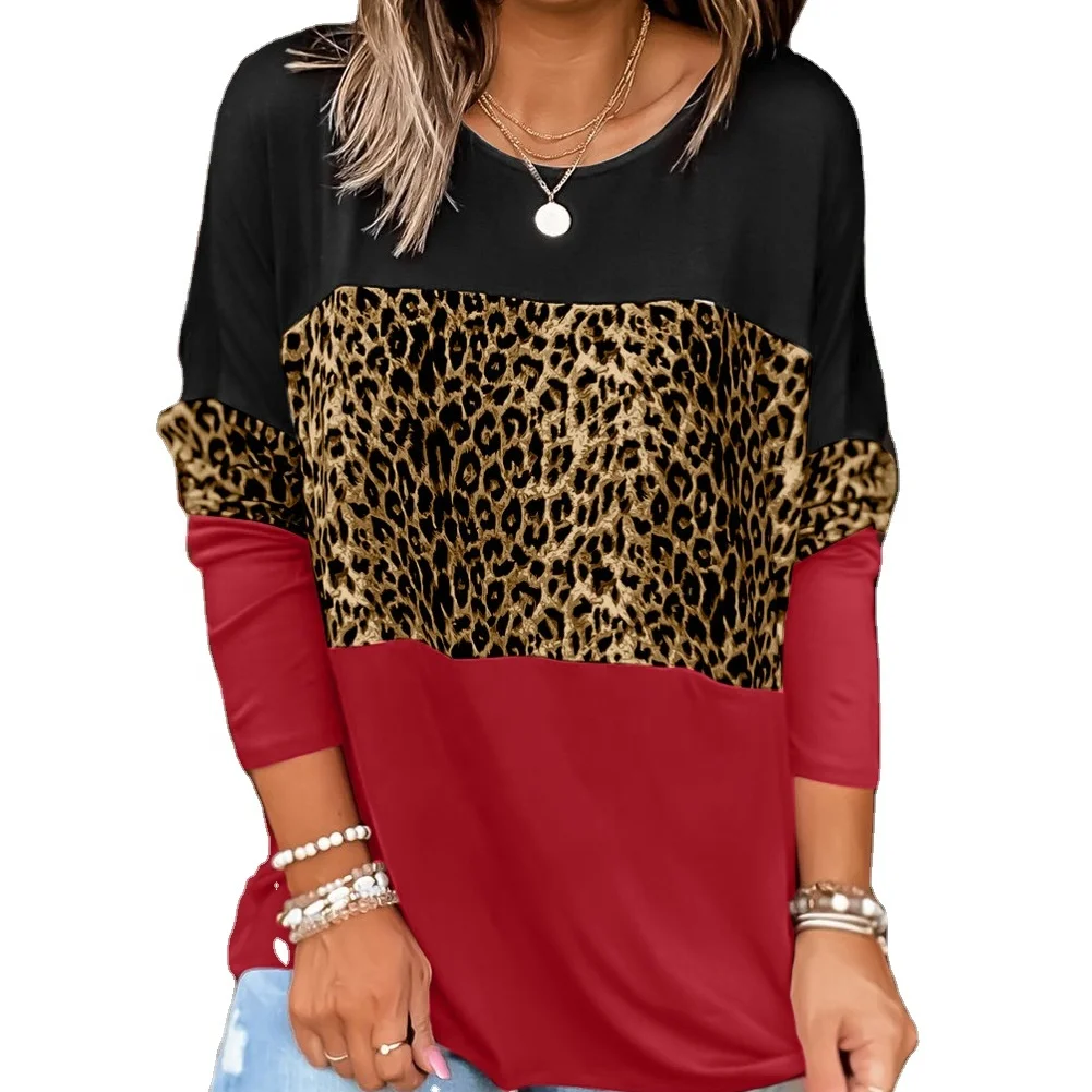 

New Fashion Leopard Color Block Long Sleeve Woman Top,Round Neck Leopard Patchwork Blouse, Picture