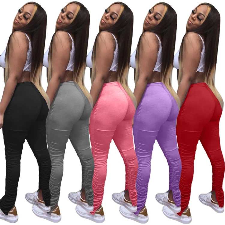 

2020 Hot Sexy Casual Mujer Trousers Mid Waist Skinny Pleats Solid Color Street Wear Elastic Slit Women Long Flares Pants, Picture