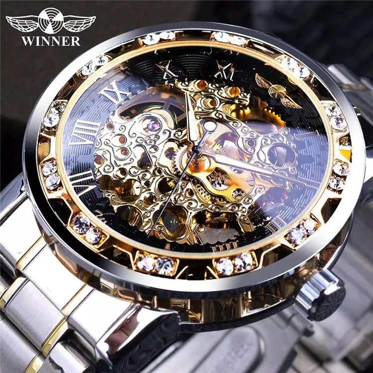 

Winner Golden Watches Classic Rhinestone Clock Roman Analog Male Skeleton Clocks Mechanical Stainless Steel Band Luminous Watch