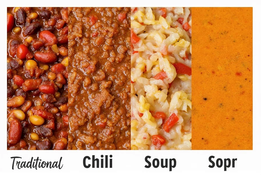 Side-by-side comparison of traditional chili and various soup types showing texture differences