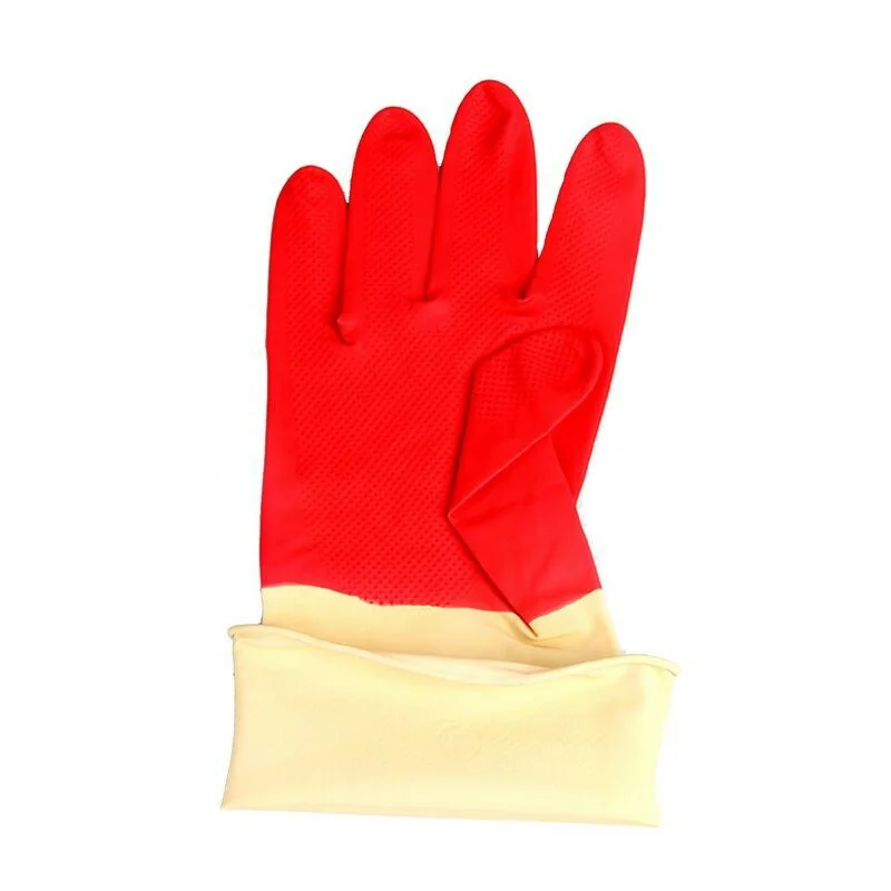 

whole sale cheap double color fish scale embossed heat resistance cleaning gloves food grade flocklined household latex glove