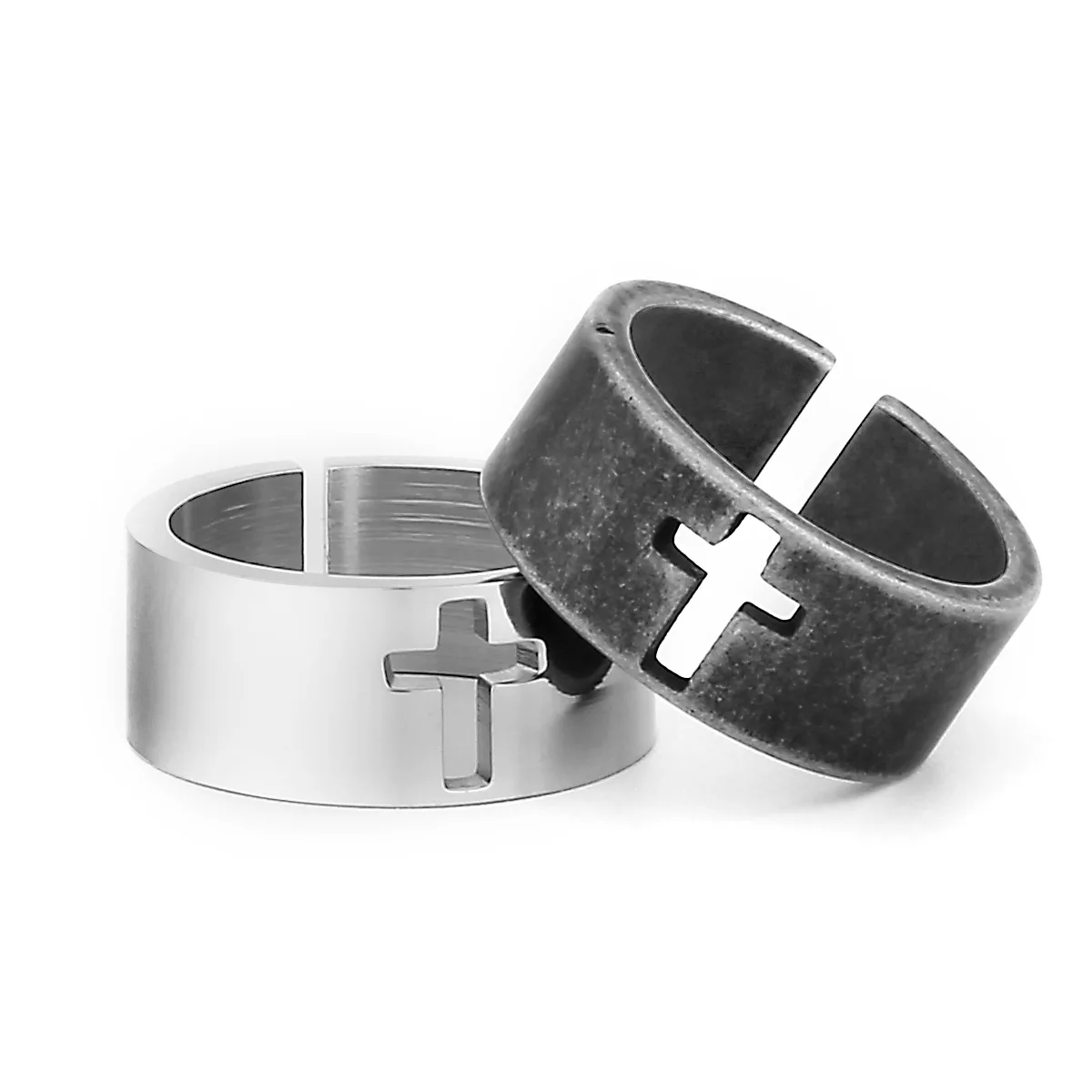 European Vintage Religion Jewelry Antique Silver Plated Hollow Cross Open Ring 316l Stainless Steel Cross Ring For Men