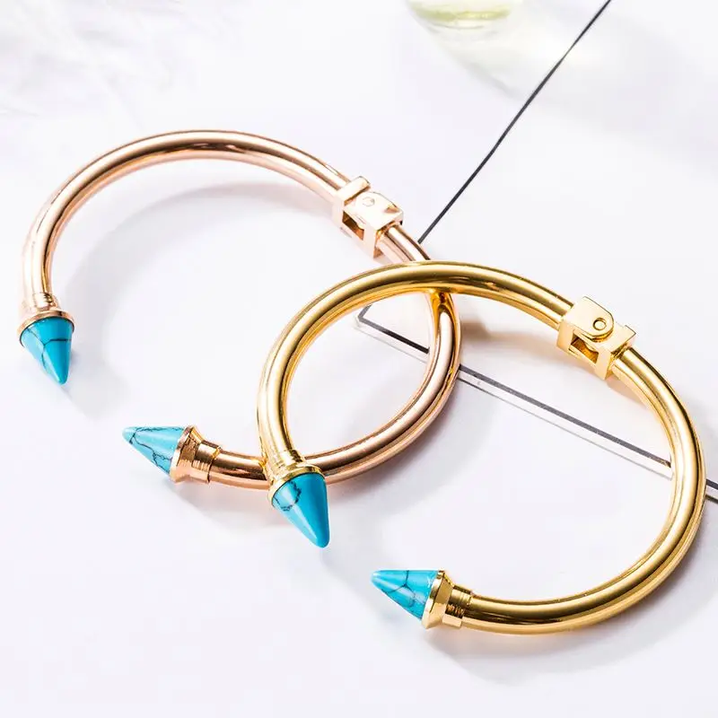 

Girly Gold Plated Stainless Steel Exquisite Triangle Shapes Open Cuff Turquoise Bangle, Gold color