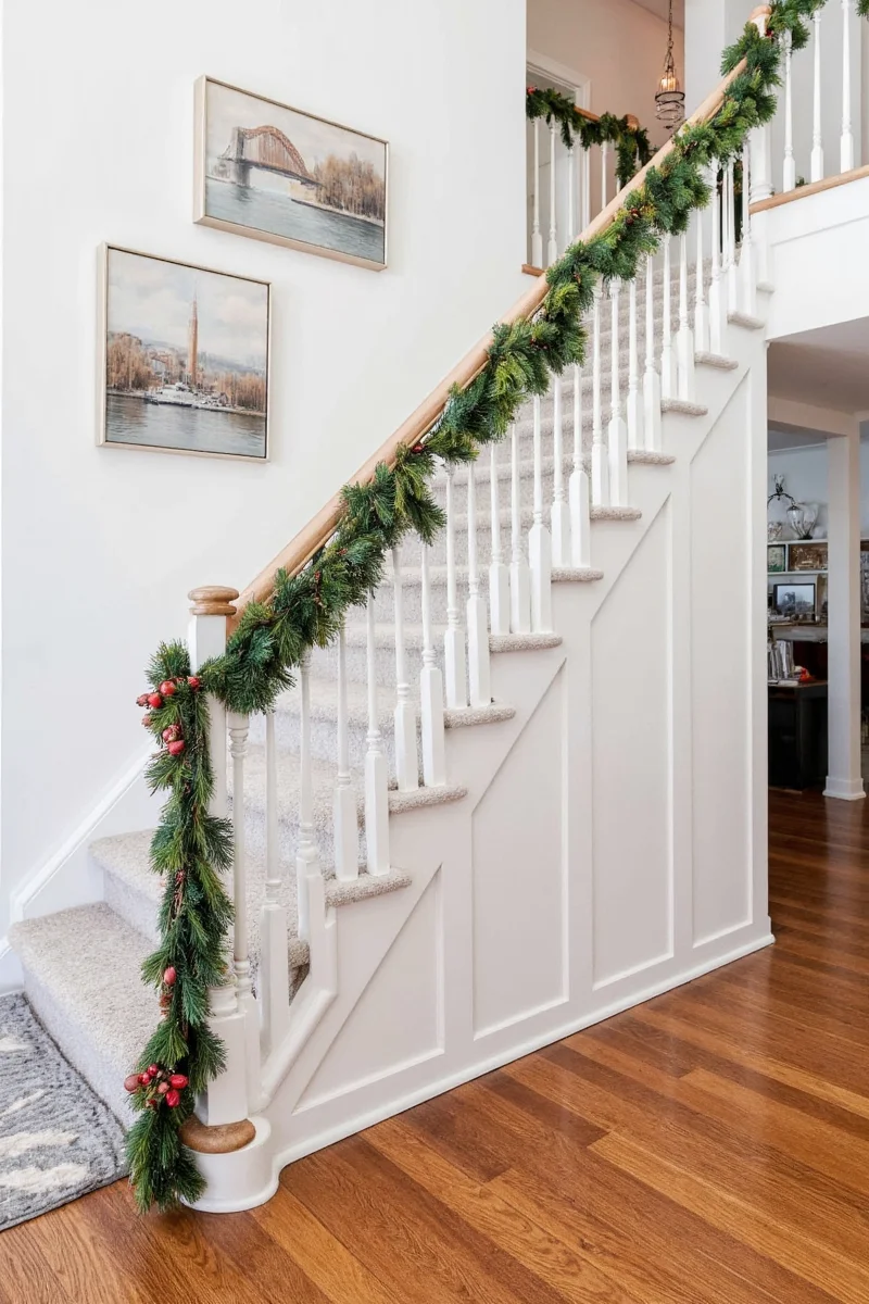 Wooden bead garland on staircase