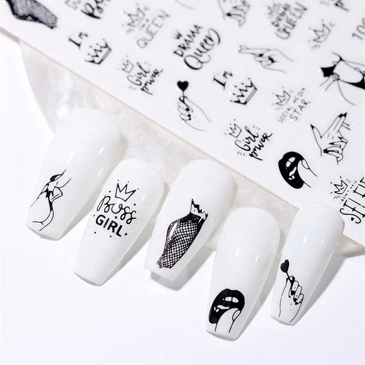 

Amazon Hot! Abstract Custom Nail Art Black Sticker & Decal Nails Decoration Polish Black Tattoo Sticker Nail Decal, 6 colors