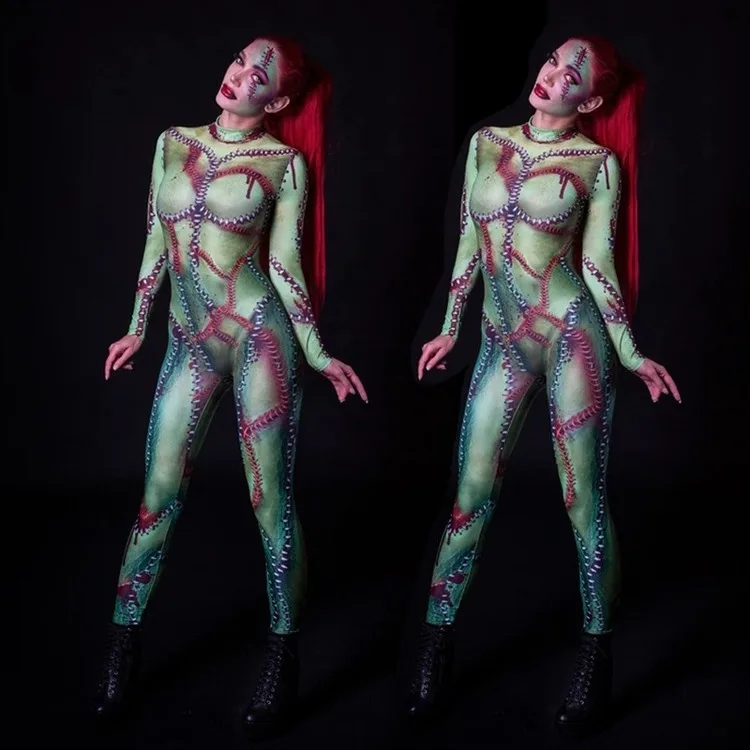 

2021 New Women Halloween 3D Print Cosplay Costume Female Zombie Ghost Carnival Party Role-play Tight Scary Jumpsuit Bodysuit