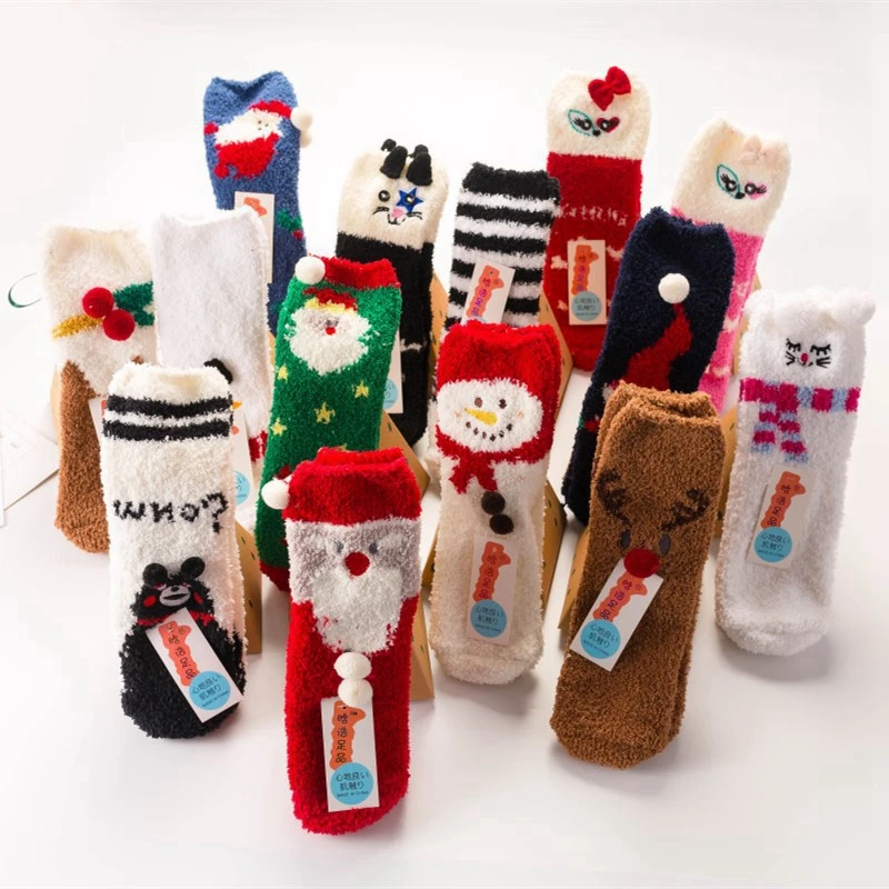 
Winter Adults Kids Santa Coral Fleece Slipper Warm Fluffy Socks Hardcover Christmas Gift Set Box parent-child socks 