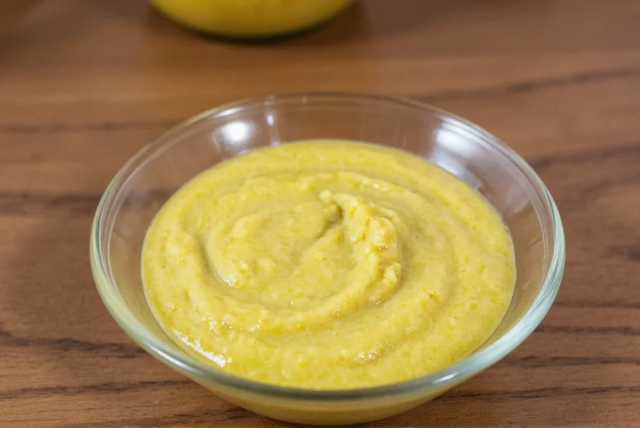 Step-by-step process of making homemade mustard showing soaking seeds, blending mixture, and final jarred product