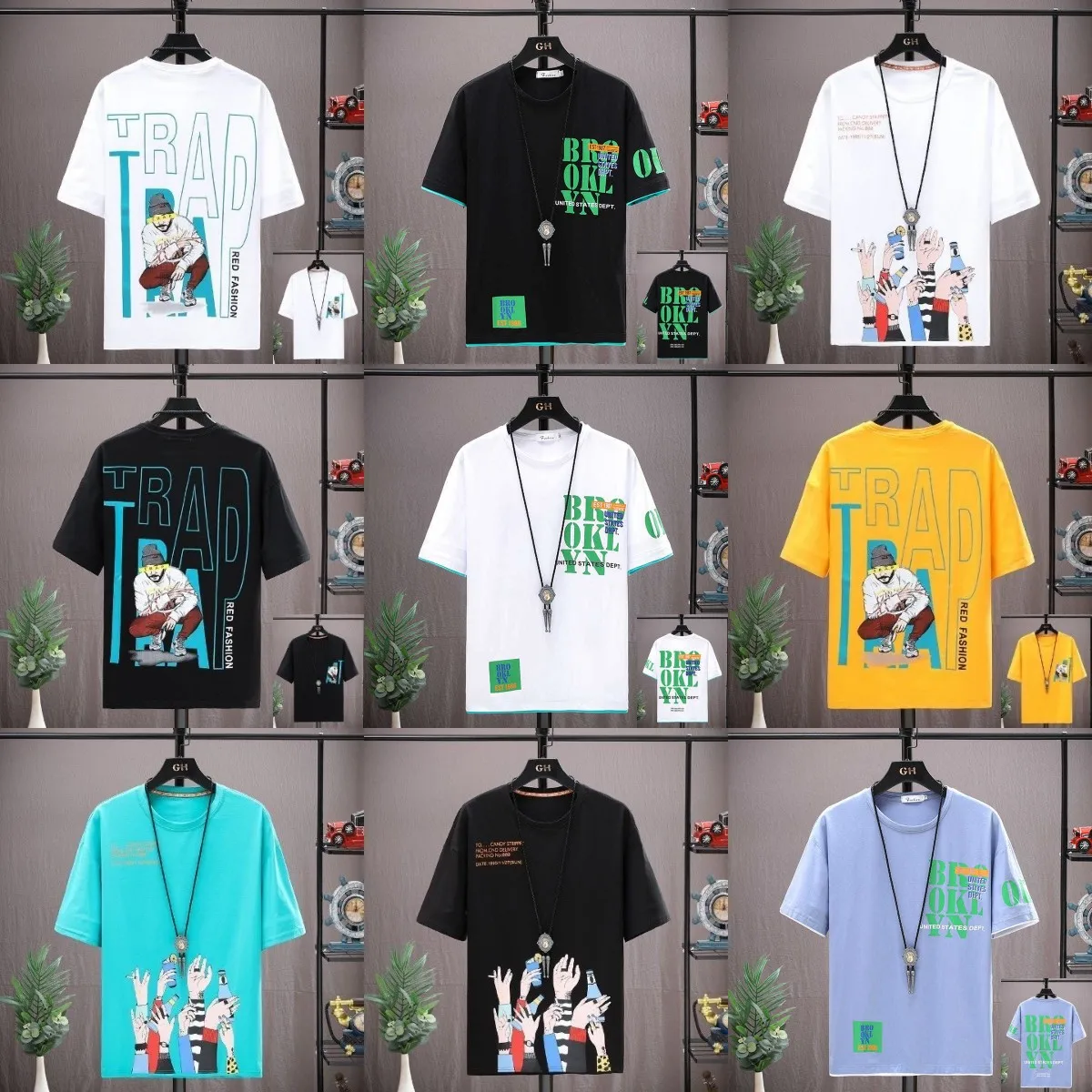 

Retro men's T-shirts Printed washed men's t-shirts short sleeves cotton