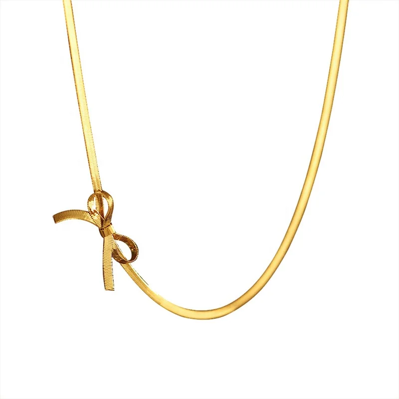 

Stylish Jewelry 18K Gold Plated Stainless Steel Jewelry Fashion Snake Chain Love Bow Knot Necklace for Women