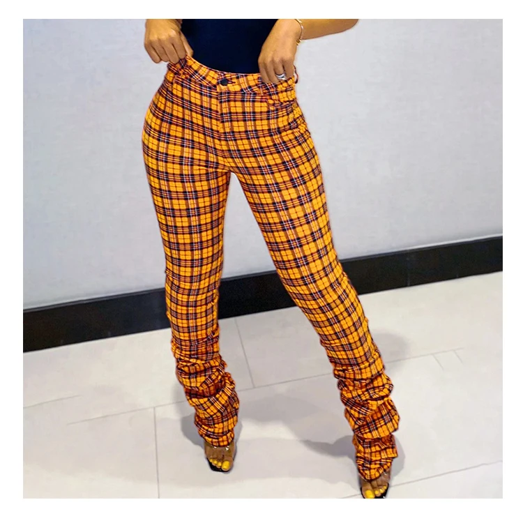

2020 Fashion Stylish Female Clothes Ladies Winter Clothing Trousers Plaid Casual Fall Autumn Ruched Stacked long Pants For Women, Red,orange,fluorescent green,blue