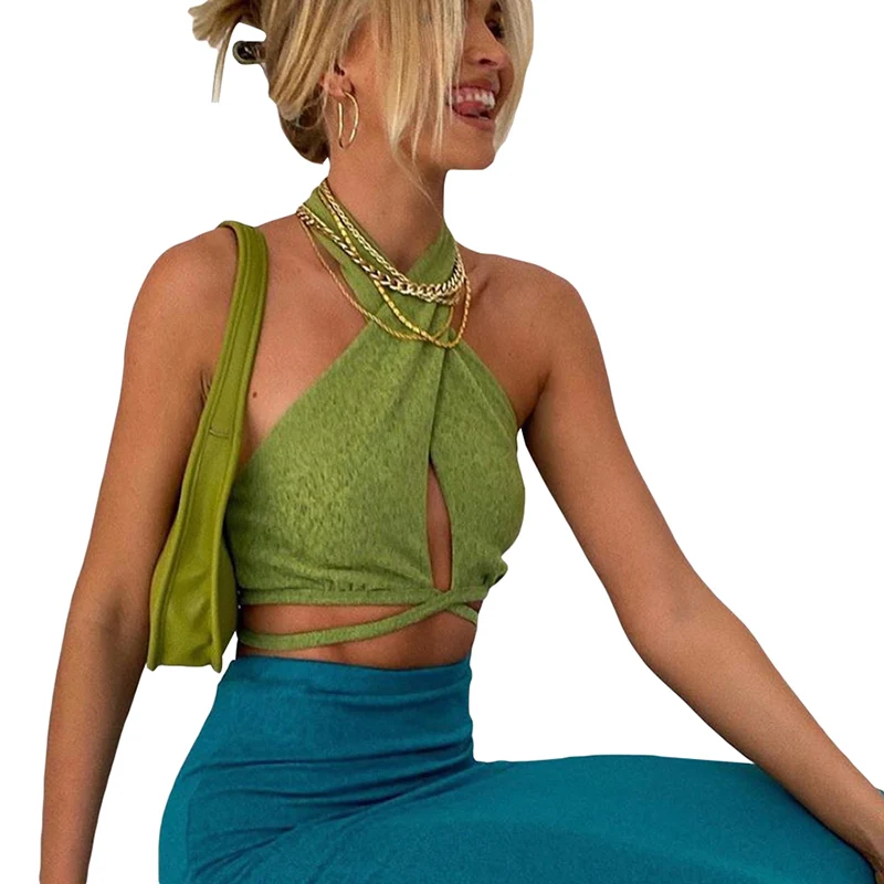 

Y2K Green Sexy Bandage Halter Crop Tops for Women Sleeveless Backless Club Party Chic Wrap Cropped Top Slim Streetwear #0343