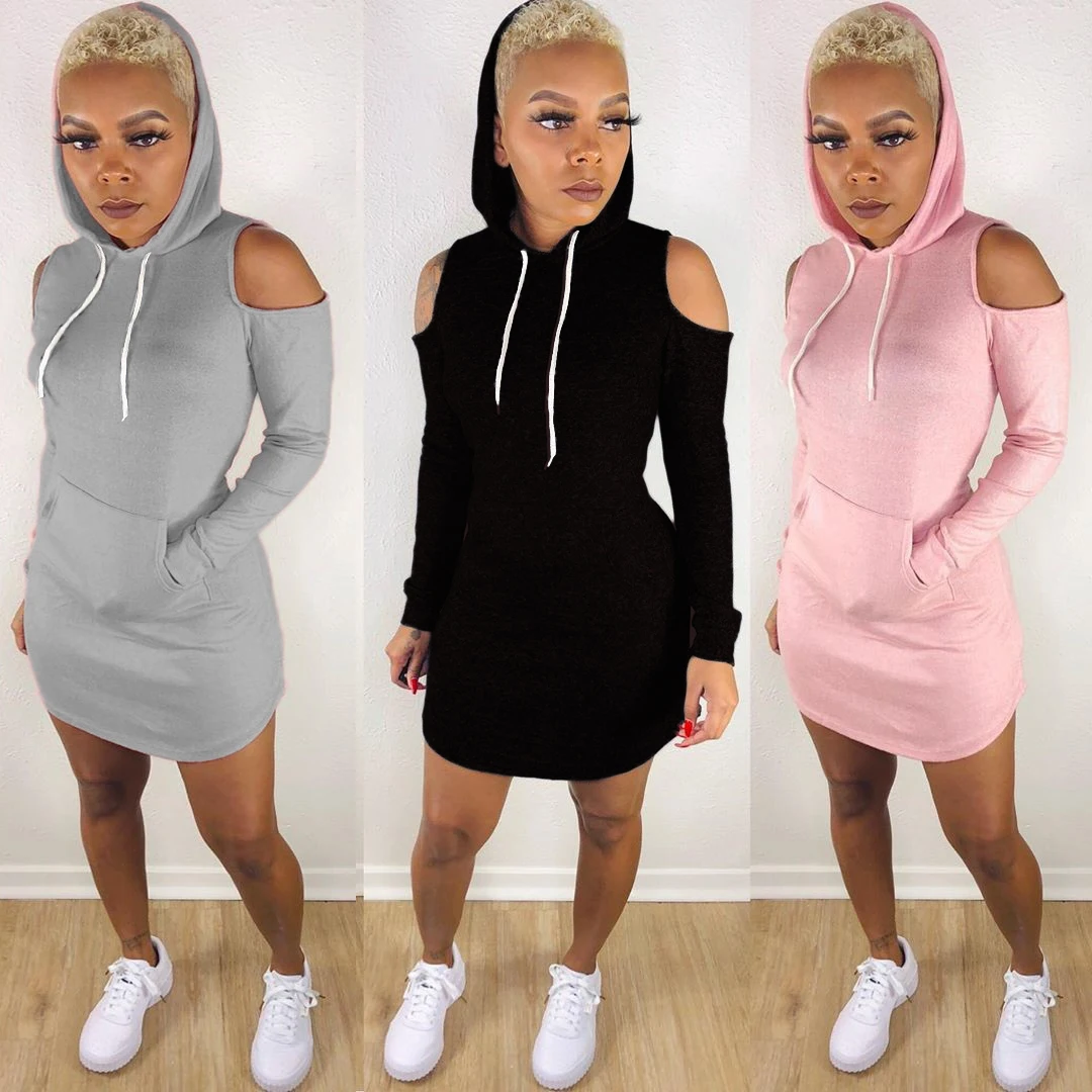 

Direct hot sell girls fashionable solid color cut out sleeve casual with wire hoodies dress FM-A8206