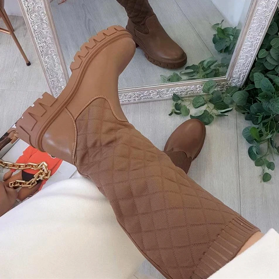 

2022 Women sock boots PU knee boots Large size Ladies Platform Thick sole Knee boots, 3 colors