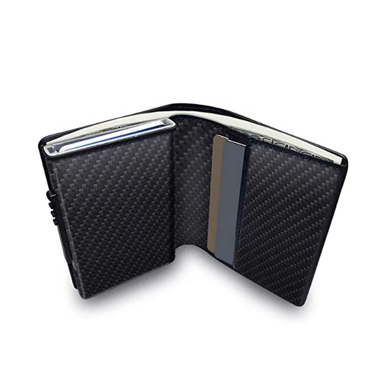 

RFID Blocking Auto Pop up Carbon Fiber Card Holder Smart Wallet PU Leather Money Clip Front Pocket Card Holder, Black,brown