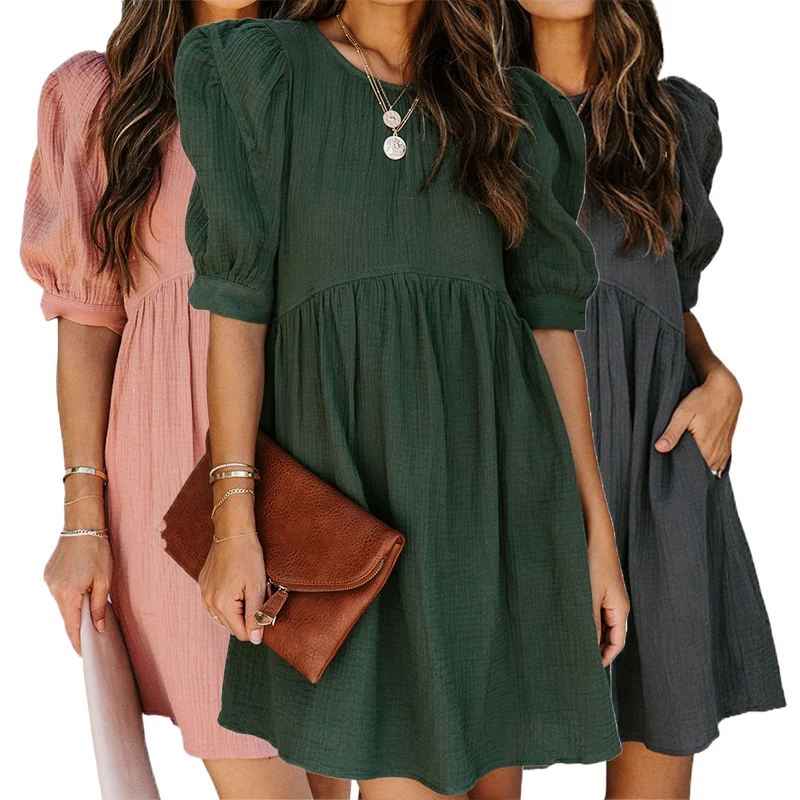 

Drsses For Women Solid Color Tunic Dress Lantern Sleeve Ruched Cute Summer Trendy Dresses