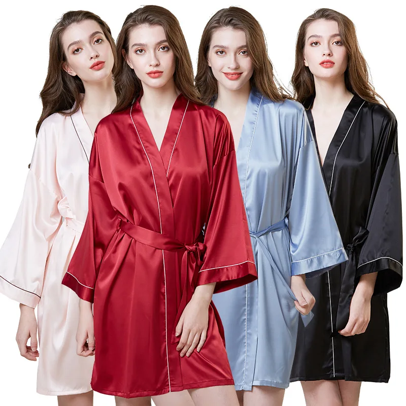 

9S4U Hot Sell Sexy Stain Leather Robes sexy nighty sex sleepwear women Silk Soild Robes For Wedding Bride Gift Bathrobe, Customized color