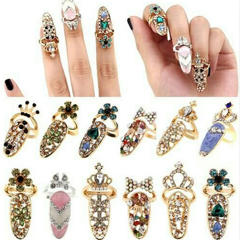 

Fashion Jewelry Bowknot Charm Crown Flower Crystal Nail Iced Rings Tips Nail Ring