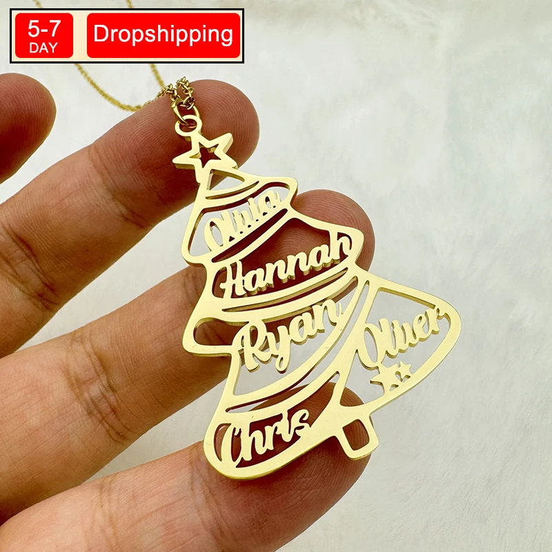 New North Personalised Custom Name Stainless Steel Link Chain Pendant Necklace Christmas Tree Family Tree Gift