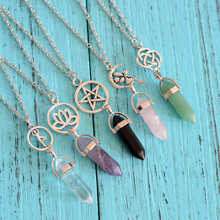 

Colorful Hexagonal Column Lotus Flower Star Necklace Natural Crystal Bullet Shape Pendant Necklace for Women