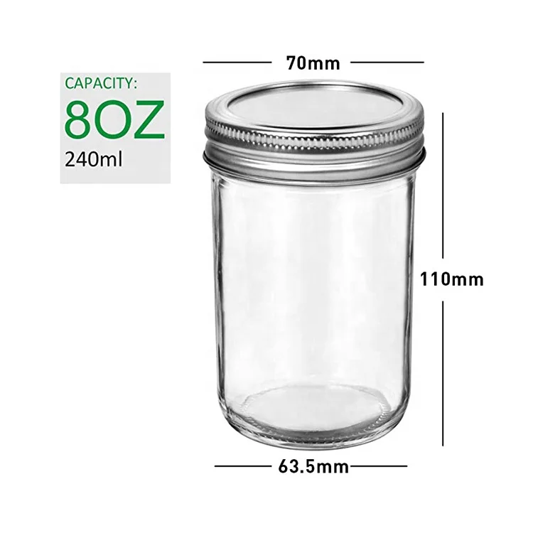 

Empty Wide Mouth round Glass Jar 8oz Mason Jar With airtight double lid For Food Jam Honey pickle, Clear
