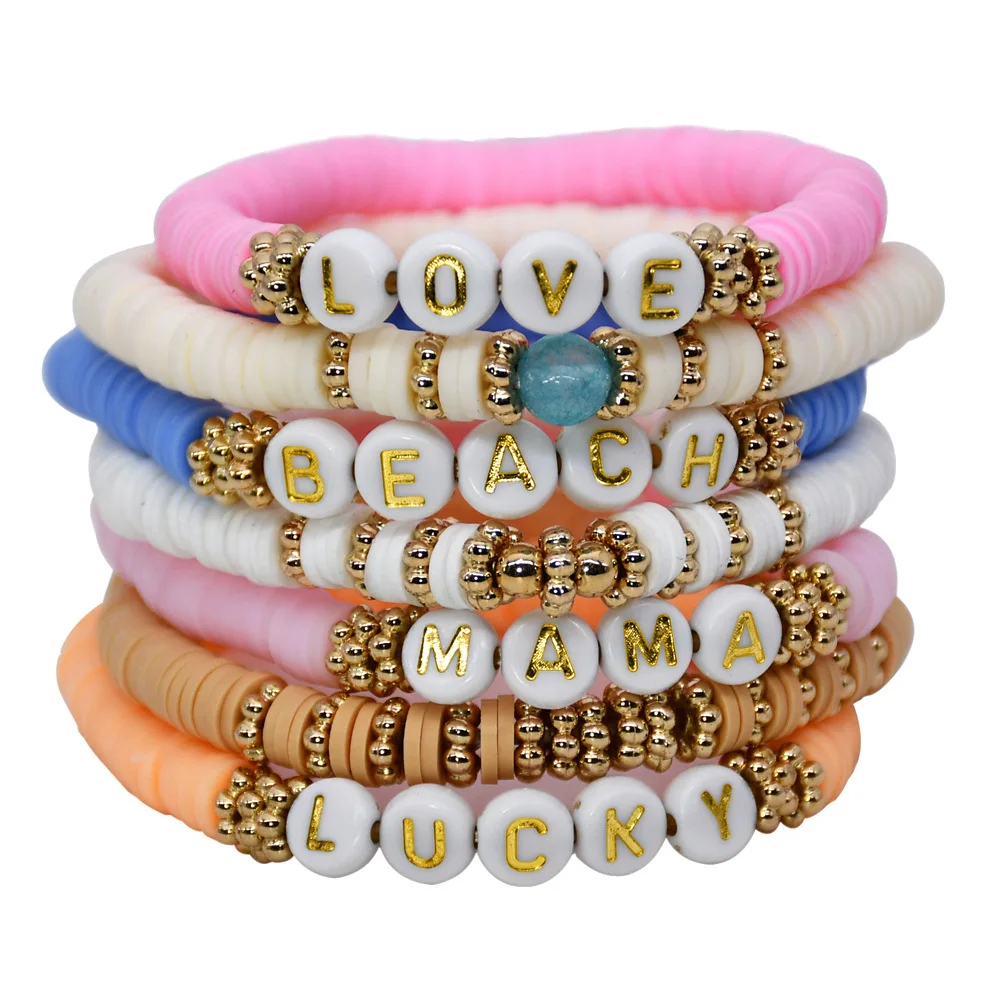 

Wholesale Handmade Soft Pottery Letters Mama Bracelet Word Beach Love Simple Pearl Women Bracelet Set Customized