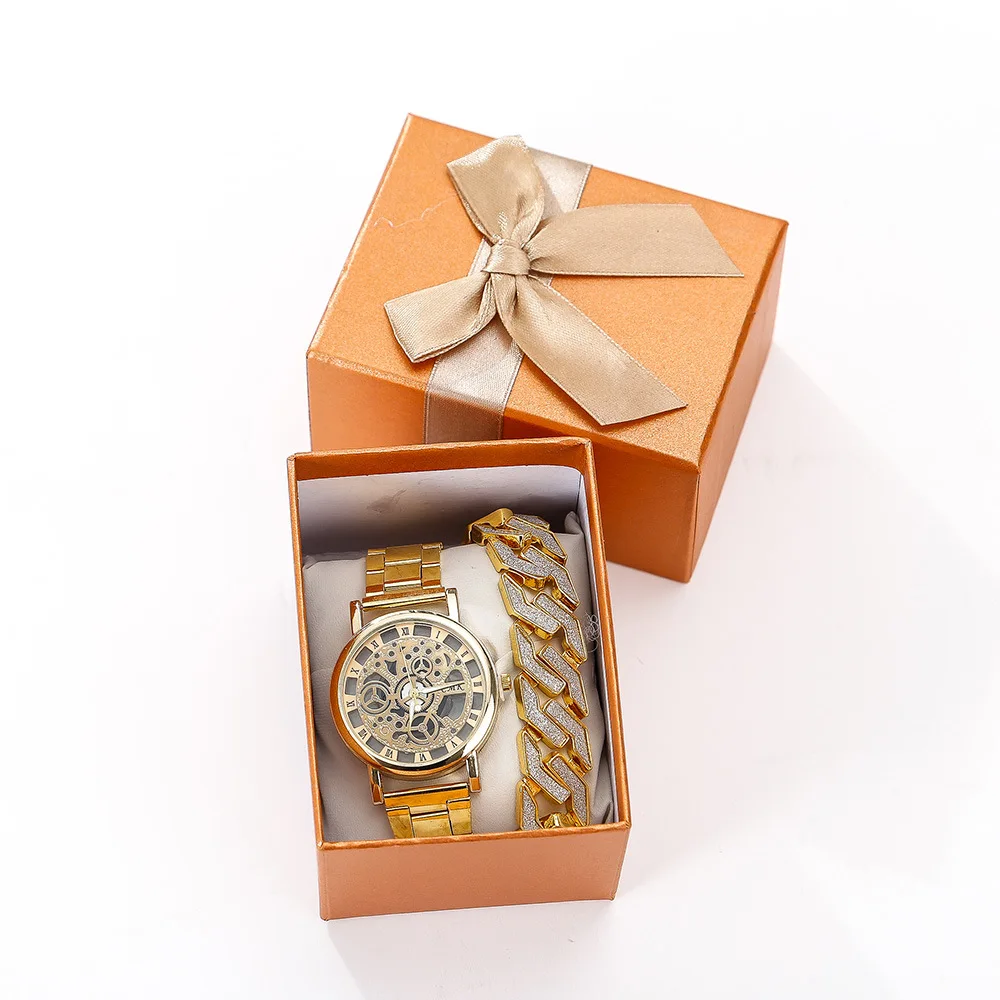 

Fashion HipHop Bling Full Rhinestone Diamond Luxury Mens Iced Out Gold Jewelry Chain Watch Set Wrist Bracelet, 4colors