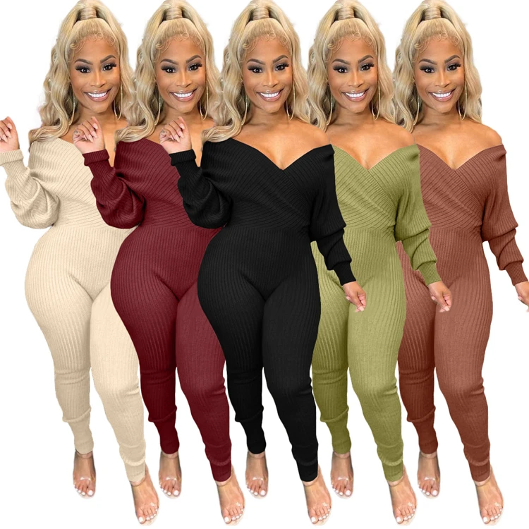 

Womens clothing 2021 Popular One Piece Jumpsuit Ribbed Ladies Sexy V Neck Backless Rompers Long Sleeve Womens Jumpsuits