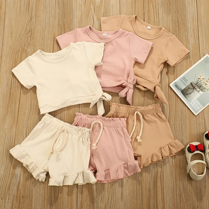 

Q107010 Summer Baby Girl Candy Color Ribbed tops + Bloomers Outfit Boutique Toddler 2pcs Kids Clothing Set