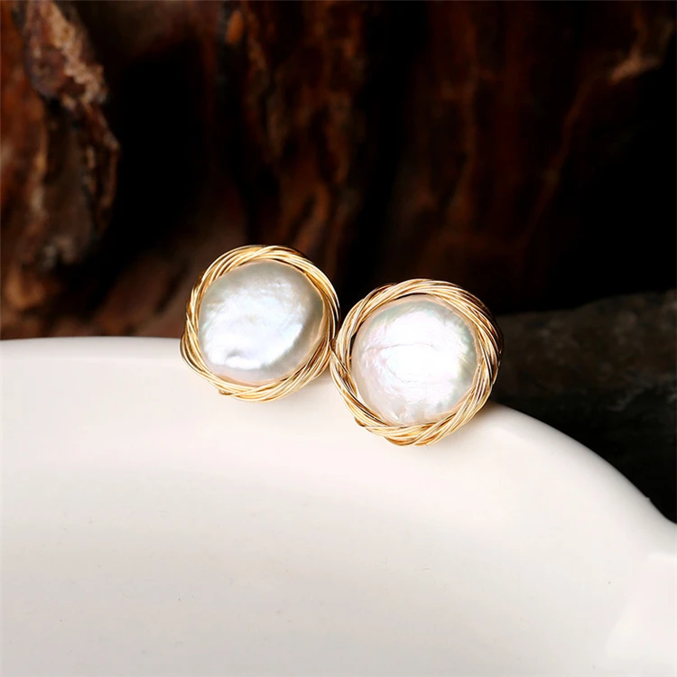 

Aimgal Royal retro Baroque natural freshwater pearl handmade winding earrings women's 14K gold earrings