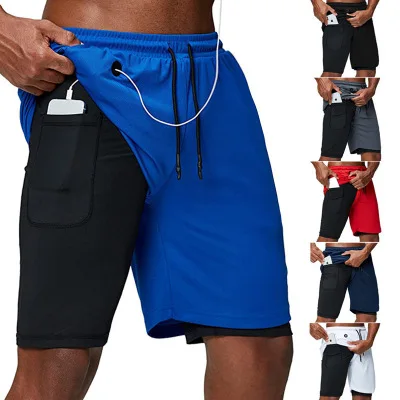 

Men's 2-in-1 running shorts with headphone cable pocket fitness sports shorts double anti glare function five point pants