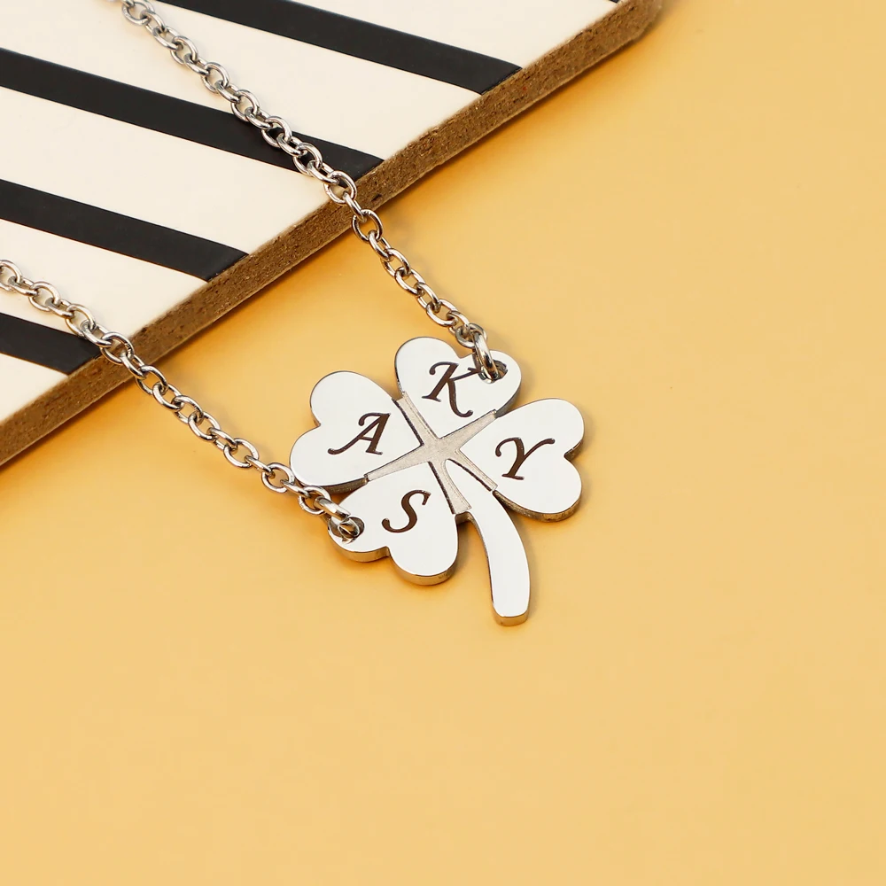 

Personalized Gold-Plated Stainless Steel Custom Letter Name Engraved Four-Leaf Clover Necklace