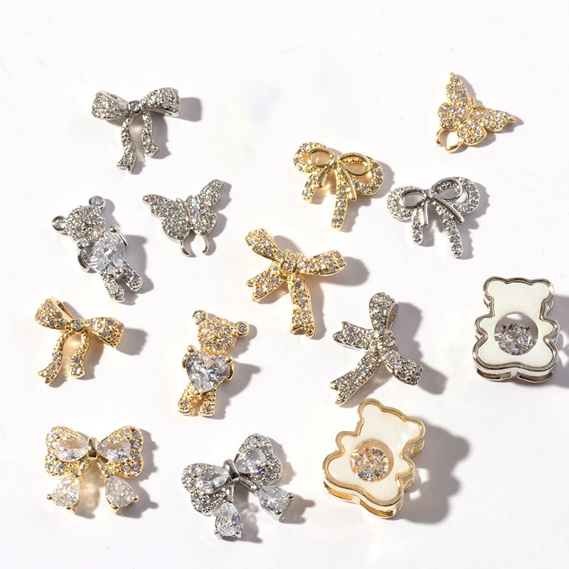

High Quality Nail Charms Heart Shape AAA Zircon Butterfly Bow Bear Hollow Out Women Fashion Finger Nail Jewelry, Colorful