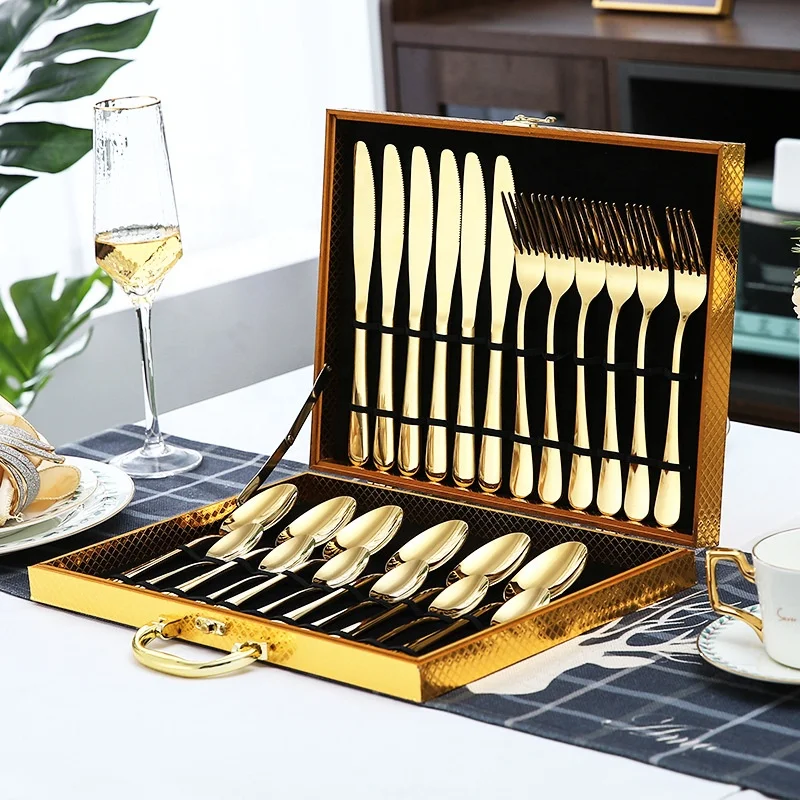 

Amazon stainless steel tableware 24-piece set 1010 cutlery, Fork and Spoon wooden tableware set Steak knife, Fork and spoon gift, Gold