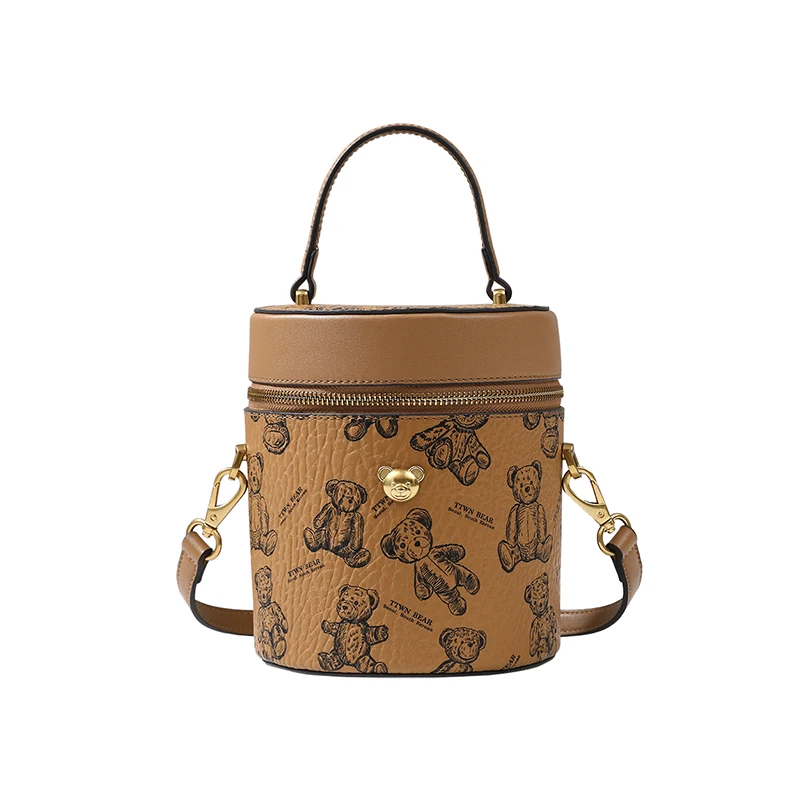 

TTWNBEAR Hand-held special design cylinder bags female cartoon bear printing crossbody bag, Khaki