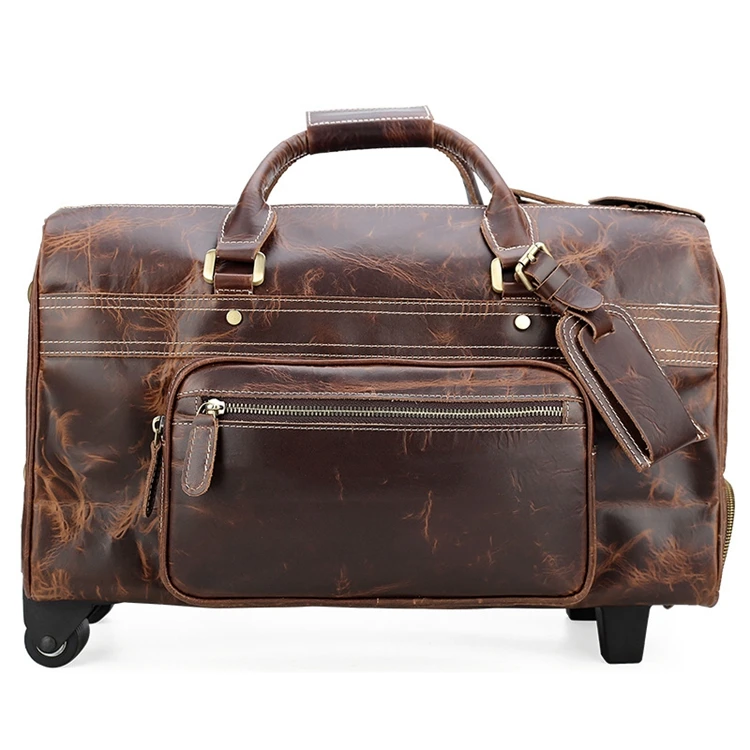 Mens Leather Travel Bags Luggage Customized Genuine Leather Trolley Duffel Bag
