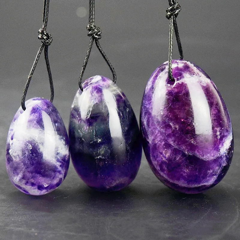 

Magical 3pcs Set Drilled Natural Stone Purple Amethyst Training Pelvic Floor Yoga Exercise Yoni Eggs for Women